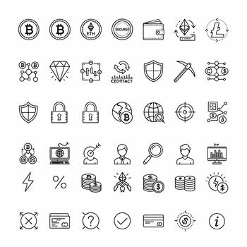 Cryptocurrency Icons Set Bitcoin Ethereum Litecoin Digital Coin Wallets Security Shields Blockchain Technology Mining vector