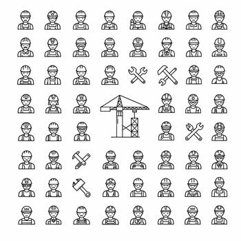 Construction worker icons set, diverse builders and engineers in hard hats, tools and crane elements vector