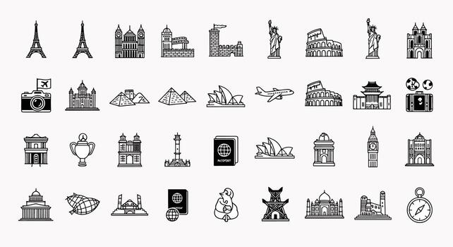 Collection of Famous World Landmarks and Travel Icons with Eiffel Tower, Pyramids, Colosseum and more vector