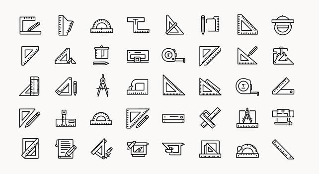 Collection of engineering and architectural drawing tools icons set, drafting instruments and measurement devices outline graphics vector