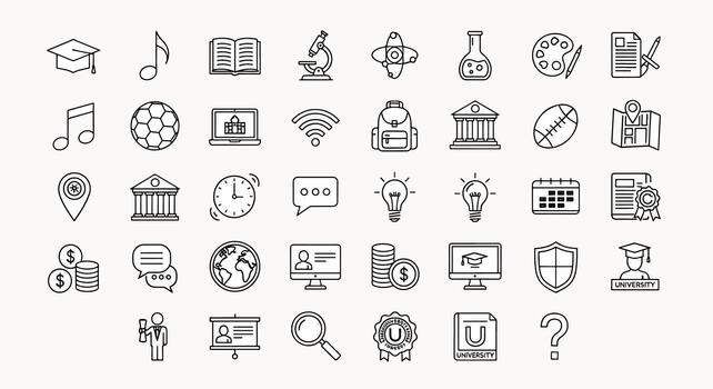 Collection of Education and Science Icons Representing Learning, Knowledge, and University Life Concepts vector