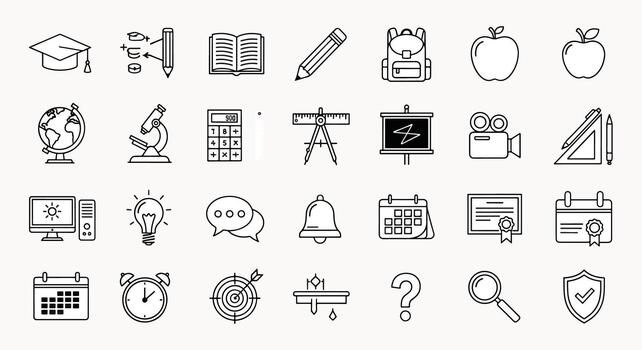 Collection of Education and School Related Icons Including Graduation Cap, Books, Globe, Microscope, Calculator, and Computer vector