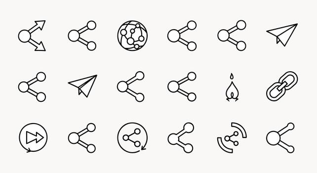 Collection of diverse share icons, communication symbols, paper airplane, link and network graphics in a clean outline style vector