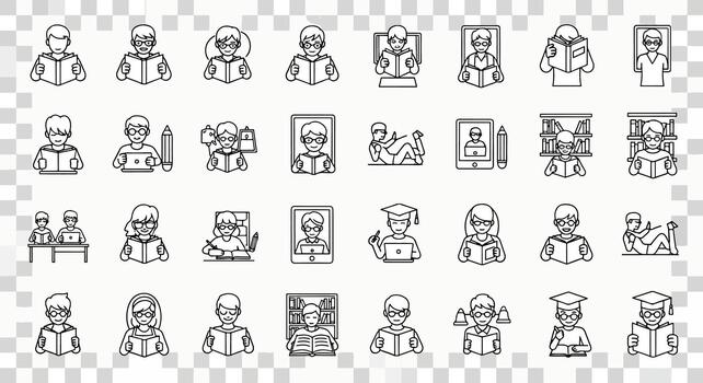 Collection of diverse people reading books and studying icons, representing education, knowledge, and learning on a white background vector