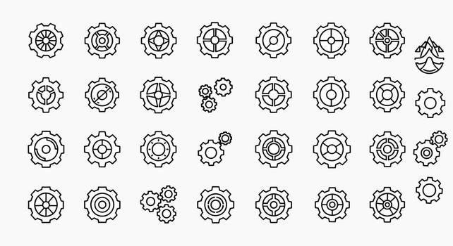 colección de diverso línea Arte engranaje y rueda dentada íconos representando mecánico componentes y Ingenieria precisión vector