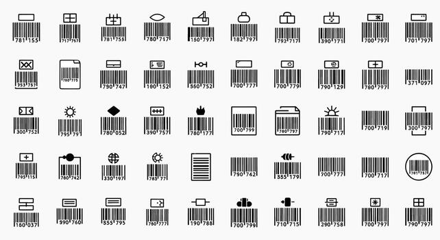 Collection of diverse barcode icons with different symbols and number combinations representing various products and services. vector