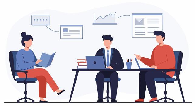 Team of professionals working together in a modern office setting with laptops and books vector