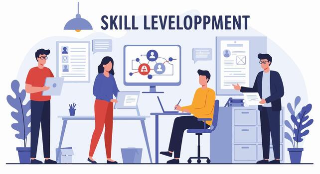 Team of Professionals Collaborating on Skill Development and Training in a Modern Office Setting vector