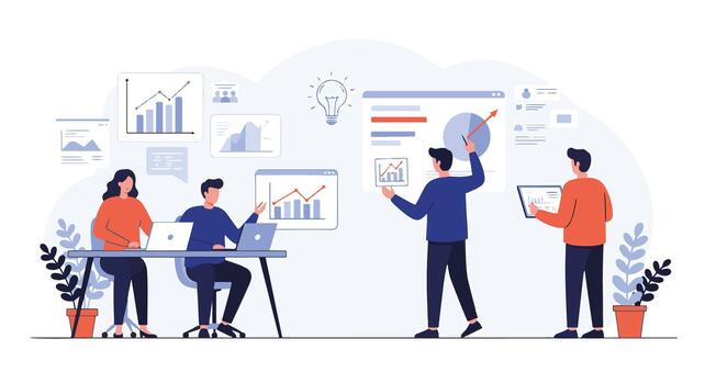 Team of professionals collaborating on data analysis and presentation in modern office setting vector