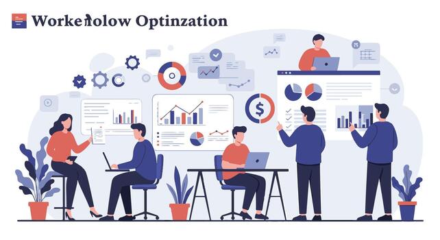 equipo de profesionales colaborando en datos análisis y flujo de trabajo mejoramiento proyecto ilustración vector