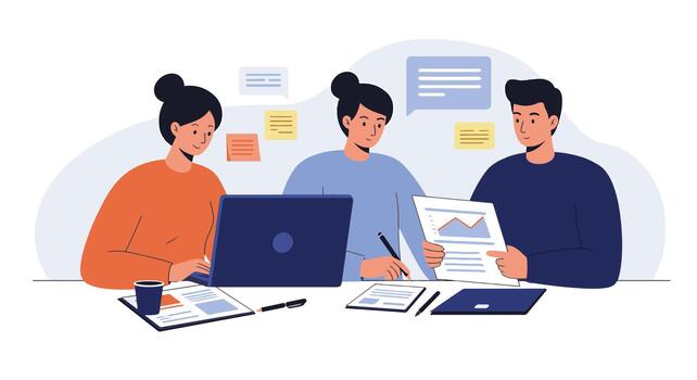 Team of Professionals Collaborating on a Project with Laptop and Documents at Office vector