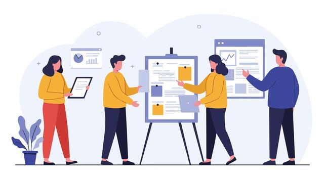 Team of professionals collaborating on a presentation with charts and graphs to analyze data vector