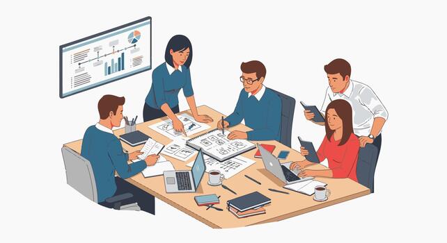 Team of professionals collaborating around a table during a business meeting discussing data. vector