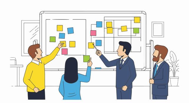 equipo de profesionales lluvia de ideas ideas y trabajando en un proyecto juntos en un pizarron vector