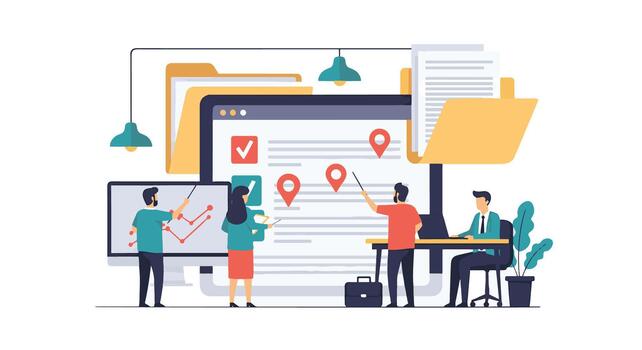 Team of professionals analyzing data and planning strategies on a modern interface design vector