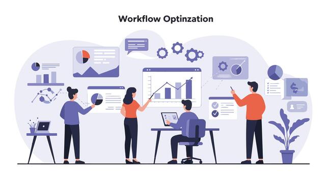 equipo de profesionales analizando datos y optimizando flujo de trabajo en un moderno oficina ajuste vector