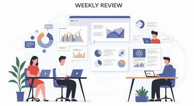 Team of people reviewing data and charts while working on laptops in a modern office setting vector