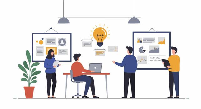 Team of diverse professionals collaborating on a project with presentations and ideas in a bright office vector