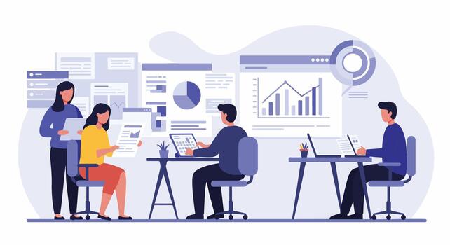 Team of people analyzing data with charts and graphs in an office environment setting vector