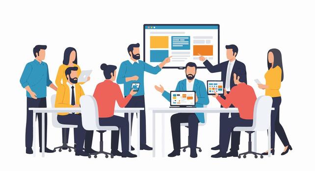 Team of diverse professionals collaborating in a modern office setting with digital technology vector