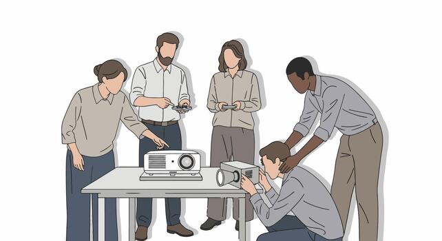 Team of diverse people setting up projectors for a business presentation or meeting event. vector