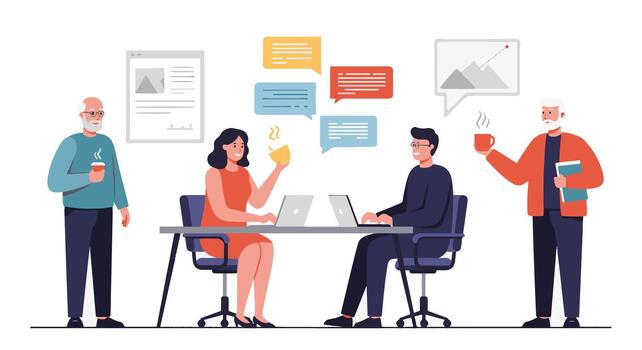 Team of diverse people collaborating in an office setting with laptops and speech bubbles vector