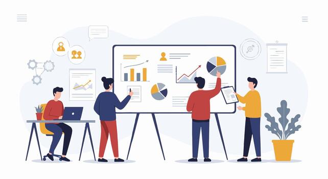 Team of business people presenting data analysis on a whiteboard in a modern office setting vector