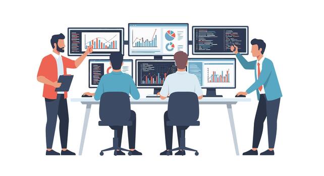 Team of Analysts Working on Multiple Computer Screens Displaying Data Charts and Code vector