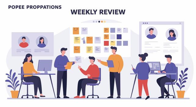 Team members reviewing weekly reports and discussing project progress in a modern office setting vector