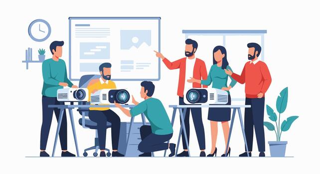 Team members collaborating to set up projectors for a presentation in an office setting. vector