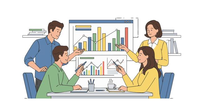 Team members collaborating on data analysis and discussing business performance in an office setting vector