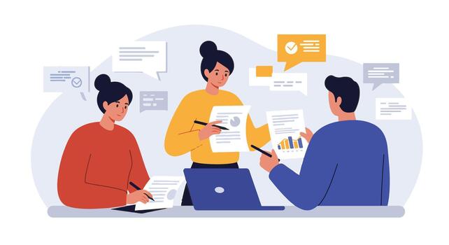 Team members collaborating at a table with documents and laptop during a meeting illustration vector