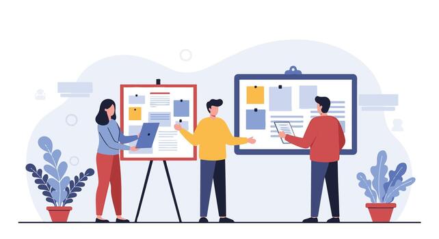 Team members collaborating on a project with boards and laptops in a modern office setting vector