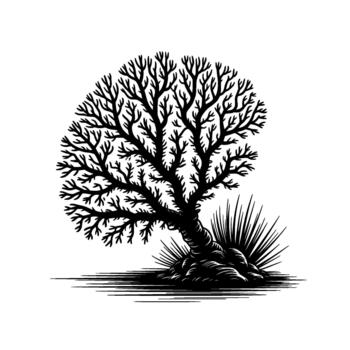 A striking silhouette of a stylized leafless tree with intricate branches and textured roots vector