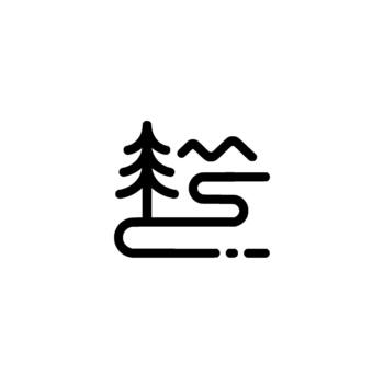 Minimalist outline depicting a stylized coniferous tree and abstract rolling hills vector