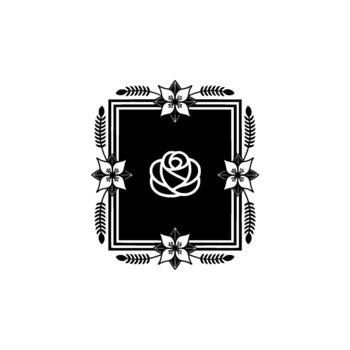 elegante presentando un estilizado Rosa emblema centrado dentro un decorativo cuadrado marco adornado con floral y botánico elementos vector