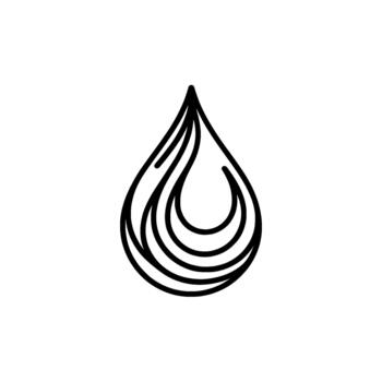 A stylized abstract illustration of a single water droplet depicted with layered contour lines and subtle shading in monochrome grey and vector