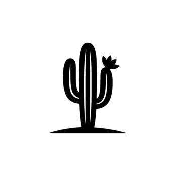 A bold silhouette of a saguaro cactus with one bloom emerging from its side stands starkly vector