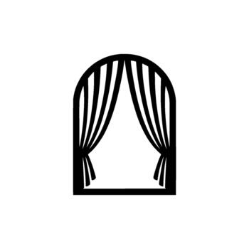 A minimalist silhouette illustration of an arched window frame with open drapes revealing an empty space vector
