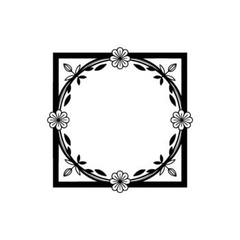 A minimalist silhouette of a delicate circular floral wreath with small blooming flowers and leaves enclosed within a simple square frame vector