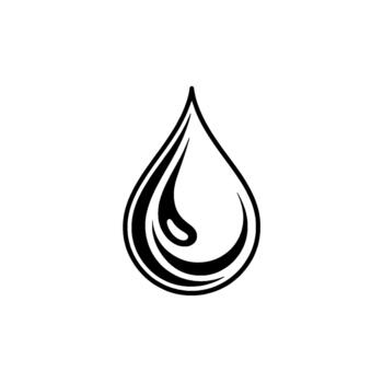A stylized ink line art depiction of a single water droplet with curved internal lines representing fluidity and reflection isolated vector