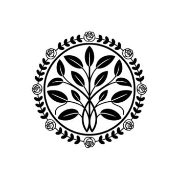 un estilizado ilustración de un simétrico árbol de vida motivo presentando derivación hojas y un circular frontera adornado con pequeño rosas y hojas aislado vector