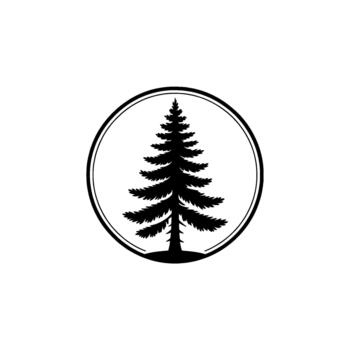 A bold silhouette of a stylized evergreen conifer tree with layered branches centered within a clean thick circular outline isolated vector