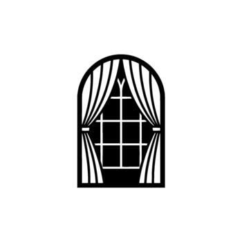 silhouette of an arched window with ornate gridwork and draped curtains isolated vector