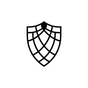 A stark geometric abstract resembling a stylized shield or crest featuring intersecting curved lines and a central dark circular element vector