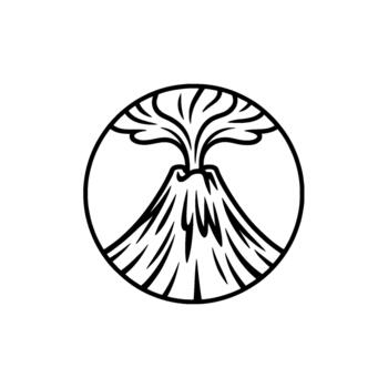 Simple outline illustration of an erupting volcano within a circle conveying power and geological activity in a clean style vector