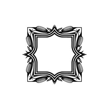A sophisticated monochrome featuring an ornate square frame with elaborate decorative elements reminiscent of stylized leaves and geometric patterns isolated vector