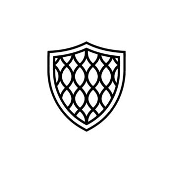 A minimalist of a traditional shield emblem featuring an intricate interlocking wave pattern within its outline and subtle shadow vector
