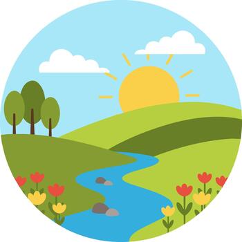 plano estilo primavera paisaje con río y arboles en circulo forma vector