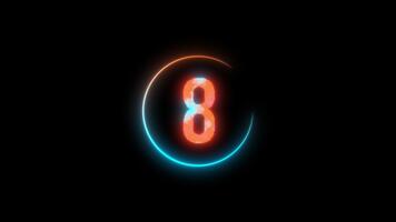 neon ljus lysande partikel nedräkning timer från 10 till 0 sekunder. lysande färgrik neon tal från 10 till 0 nedräkning på svart bakgrund med ljus ränder. video